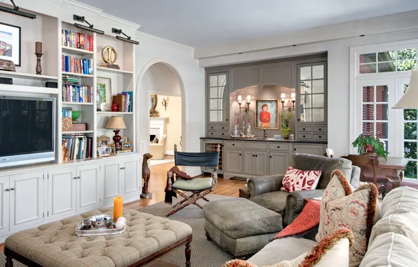 Комната, книги, интерьер, картина, кресло, подушки, телевизор, гостиная