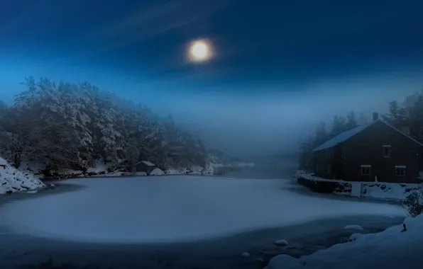 Картинка зима, ночь, туман, дом