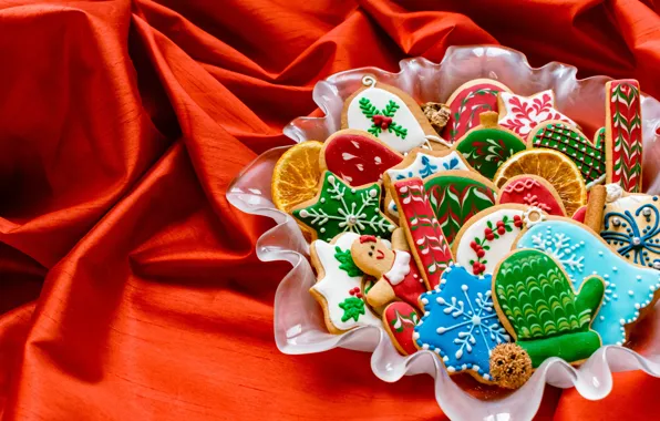 Снежинки, узоры, яркие, печенье, тарелка, Рождество, человечек, Новый год