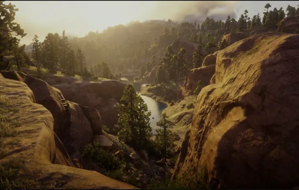 Nature, Landscape, Waterfall, Game, Rocks, Red Dead Redemption 2, RDR 2, Sun Goes Down