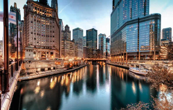 Картинка город, река, небоскребы, вечер, Чикаго, Chicago, Иллиноис
