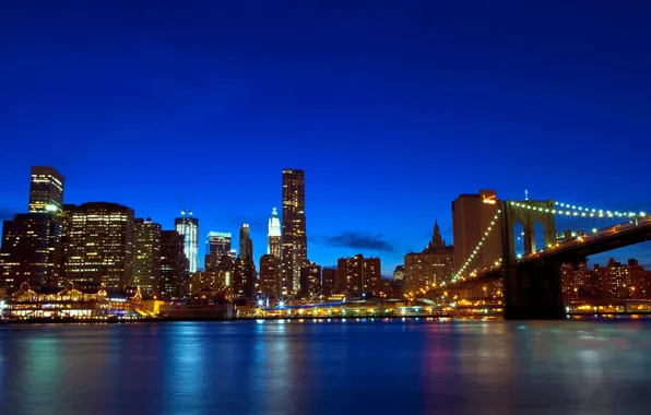 Картинка ночь, мост, огни, дома, Нью-Йорк, небоскребы