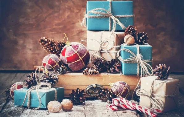 Картинка ретро, шары, Рождество, подарки, Новый год, орехи, Christmas, шишки