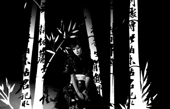 Одиночество, японка, черно-белая, маска, иероглифы, каллиграфия, Japan, Cosplay