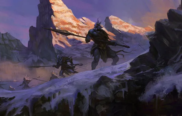 Картинка снег, горы, оружие, арт, воины, клоны, Dota 2, Azwraith
