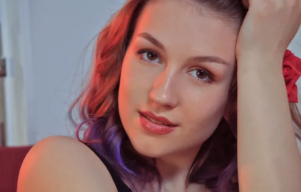 Flower, woman, brown, model, look, pose, mouth, colored hair