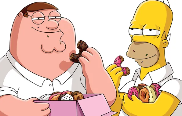Картинка the simpsons, family guy, Homer, Peter Griffin, fat, donuts, Matt Groening