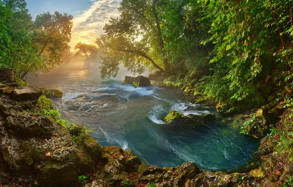 Картинка солнце, деревья, пейзаж, природа, река, камни, утро, Миссури