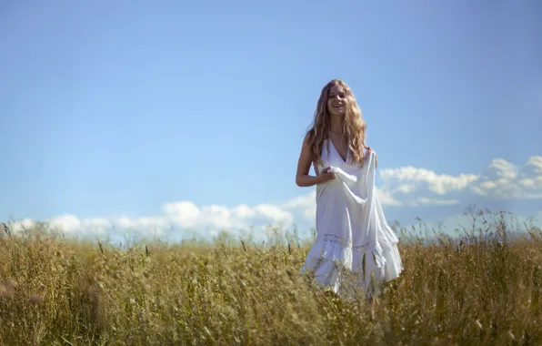 Girl, summer, dress, field, happiness, white dress, sunny