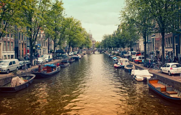 Картинка природа, город, река, люди, лодка, здания, канал, кафе