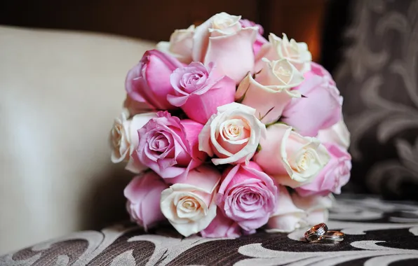 Картинка цветы, розы, букет, кольца, розовые, свадебный