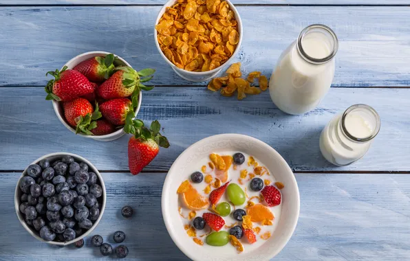 Картинка ягоды, молоко, черника, клубника, fresh, berries, breakfast, milk