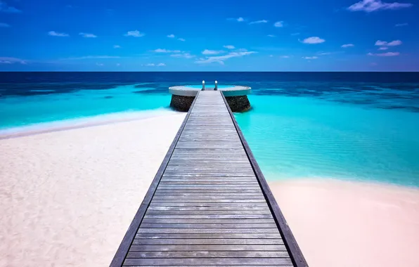 Картинка песок, океан, берег, пирс, Мальдивы, курорт
