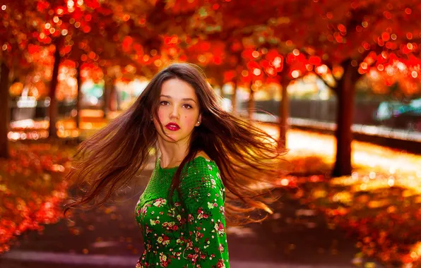 Картинка Girl, Red, Nature, Beautiful, Sun, Autumn, Lips, Hair