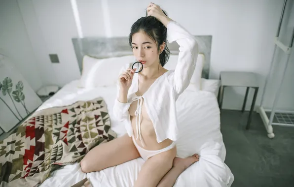 Beautiful, Asian, Model, Bed, Woman, Pretty, Sitting, Blanket