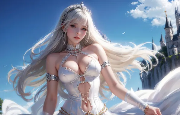 Girl, digital art, fantasy art, white dress, white hair, castel, fantasy girl, Stable Diffusion