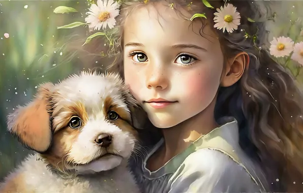 Лето, взгляд, цветы, портрет, ромашки, собака, девочка, щенок