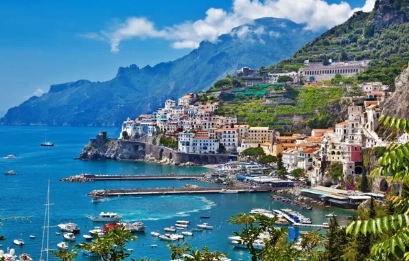 Картинка море, гора, дома, яхты, Италия, Амальфи