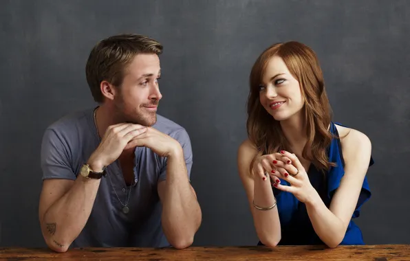 Взгляд, девушка, улыбка, пара, мужчина, Emma Stone, Эмма Стоун, Ryan Gosling