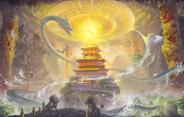 Картинка магия, азия, драконы, дух, арт, колонны, храм, пещера
