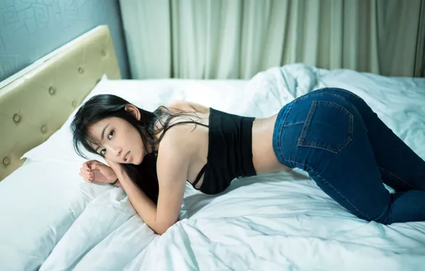 Beautiful, Asian, Model, Bed, pretty, Denim, Woman, Lying Down