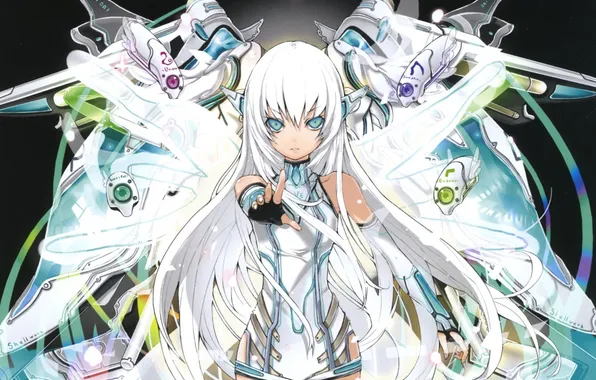 Крылья, девочка, белые волосы, kaku-san-sei million arthur
