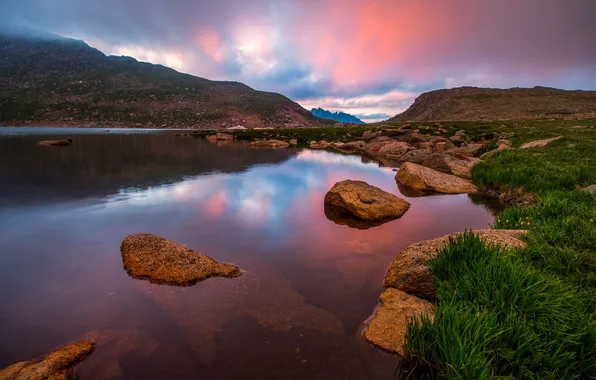 Горы, природа, река, камни, берег