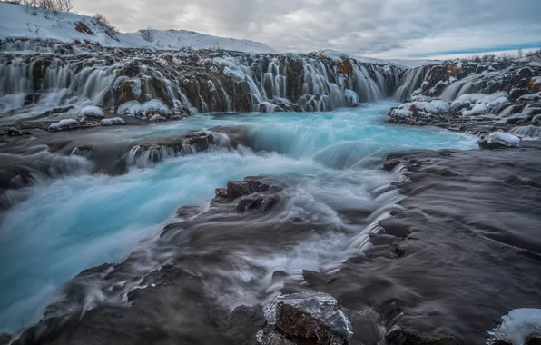 Облака, пейзаж, природа, камни, скалы, водопад, поток, Исландия