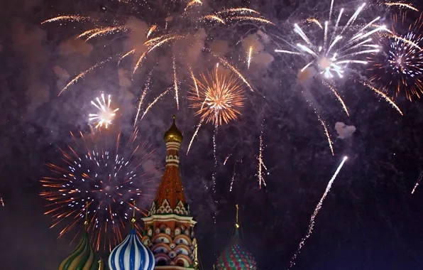 Салют, Москва, собор, фейерверк, Russia, Moscow, New Year, St. Basil's Cathedral