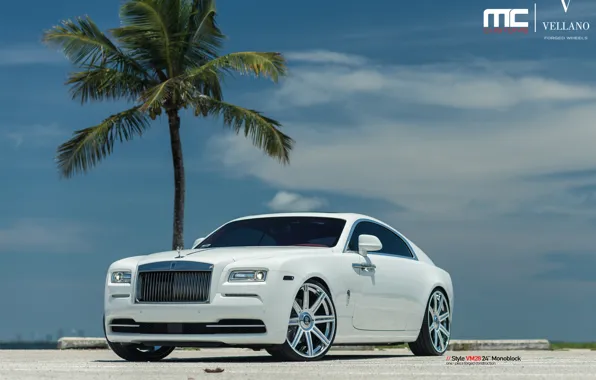 Картинка rolls royce, white, wheels, vellano, wraith