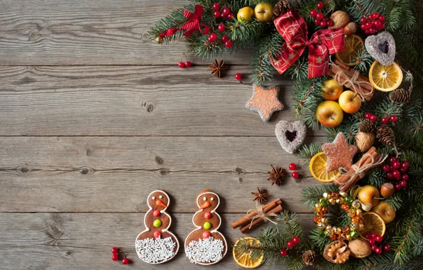 Украшения, ягоды, елка, Новый Год, печенье, Рождество, сердечки, снеговики