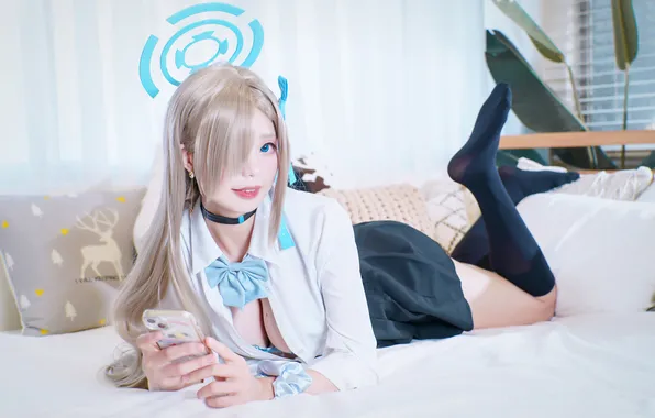 Cleavage, blue eyes, model, women, cosplay, blonde, looking at viewer, women indoors