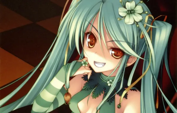 Взгляд, улыбка, полоска, кулон, декольте, vocaloid, Hatsune Miku, голубые волосы