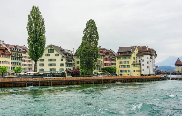 Картинка деревья, озеро, дома, Швейцария, набережная, Lucerne