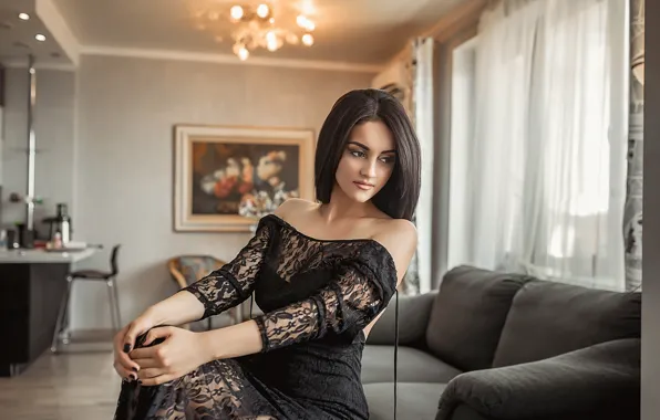 Картинка девушка, поза, комната, платье, красивая, плечи