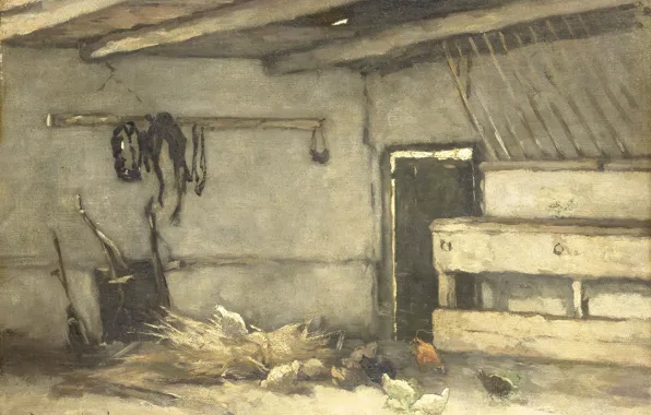 Масло, картина, 1895, Иохан Хендрик Вейсенбрух, холст на панели, Johan Hendrik Weissenbruch, Интерьер конюшни