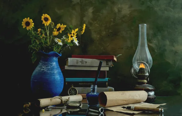 Цветы, часы, книги, лампа, натюрморт, свиток, чернильница