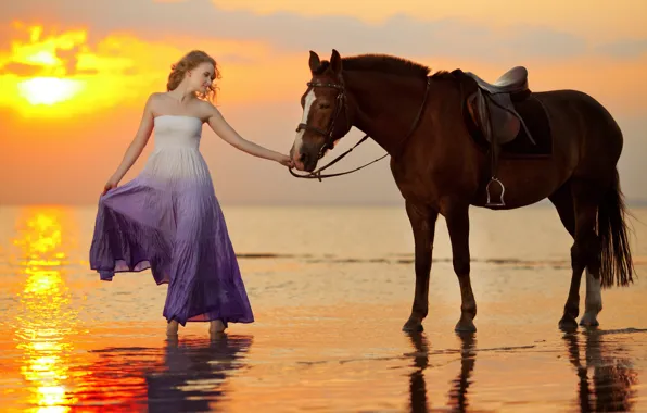 Картинка море, девушка, закат, побережье, лошадь, girl, sea, coast
