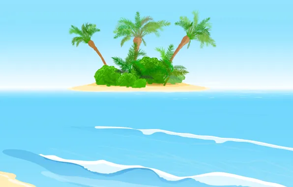 Картинка море, волны, пальмы, остров, waves, кусты, sea, island