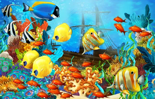 Картинка рыбы, корабль, парусник, кораллы, морское дно