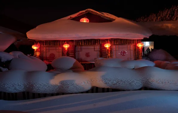 Картинка снег, дом, праздник, Новый Год, фонари, год, New Year, 2014