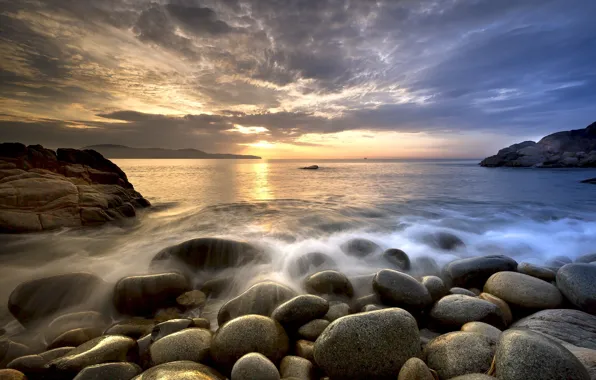 Картинка море, пляж, закат, камни, Природа