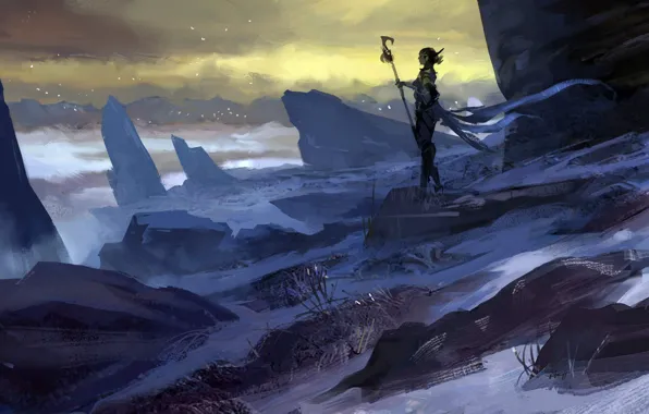 Картинка девушка, снег, горы, скалы, арт, маг, посох, Neal Hanson