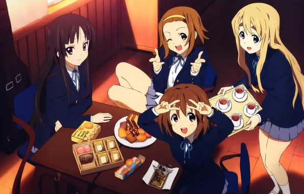 Картинка стол, девушки, настроение, чай, сладости, школьницы, K-ON