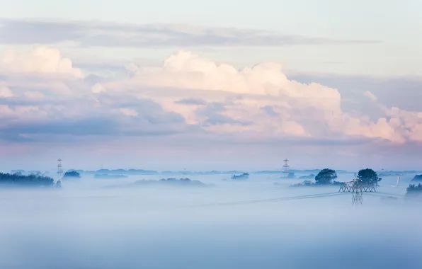 Картинка Небо, Облака, Туман, Деревья, Горизонт, Вышки