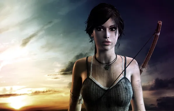 Картинка закат, лук, красиво, Tomb Raider, тетива, Lara Croft
