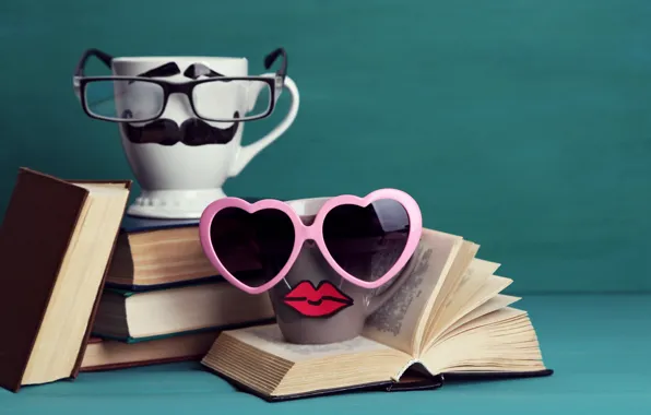 Книги, кофе, очки, кружка, cup, lips, funny, glasses