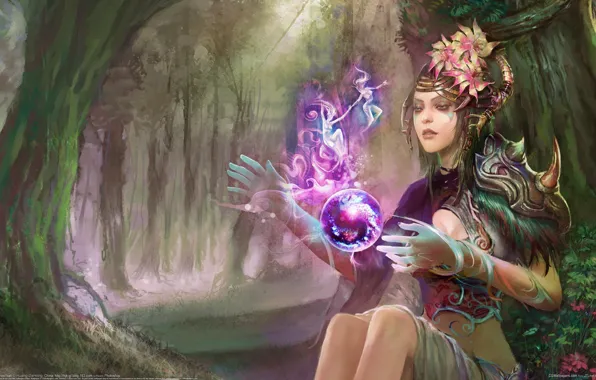 Лес, девушка, магия, фея, арт, Huang DaHong