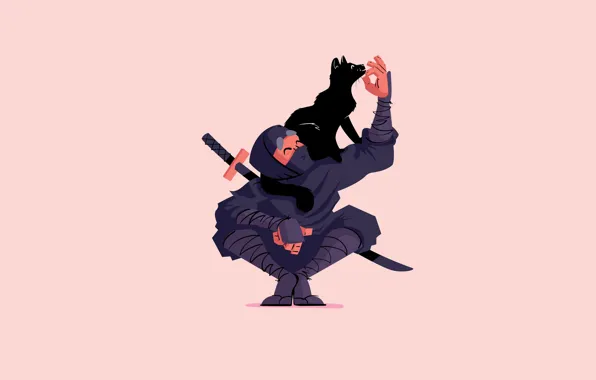 Кот, поза, черный, Ниндзя, ninja