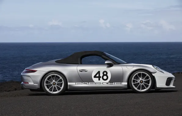 911, Porsche, сбоку, Speedster, 991, мягкий верх, 2019, серо-серебристый